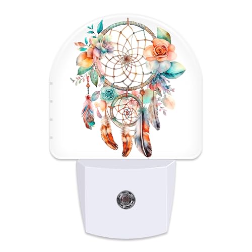 Image of Boho Dream Catcher Flowers Night Light, Watercolor Boho Feathers Floral Dusk to Dawn Night Light Plug in, 0.5w Energy Saving Sleep Friendly NightLight for Kids Boys Girls Home Decor