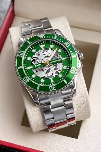 Image of AMERICANVIBER Luxury Diver Watch with Green Dial, Stainless Steel Band, Date Display, Quartz Movement
