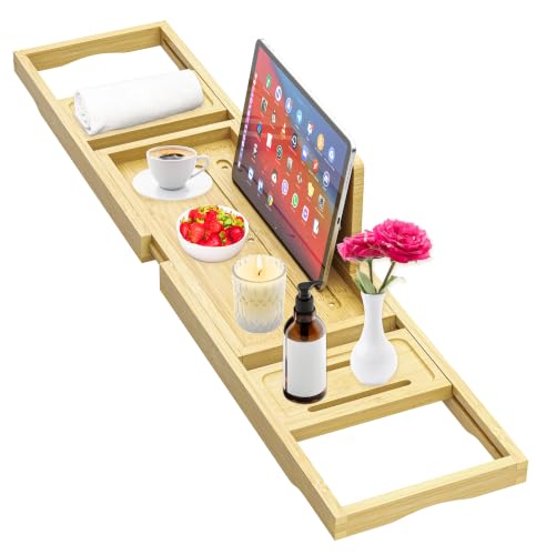 Premium Bathtub Tray - Expandable Bamboo Wooden Bath Trays for Bathub - Bath Tub Table Tray for Bathtub/Tub Adjustable Size Fits Most Tubs