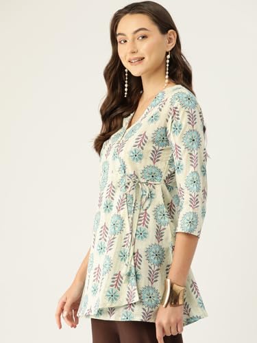 Image of feranoid Floral Print Angrakha 3 Sleeves Flared Kurti