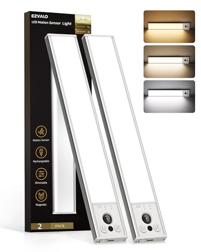 Image of EZVALO 12inch Under Cabinet Lighting, 2 Pack 3100mAh Rechargeable Motion Sensor Light Indoor with 3 Color Temperatures, Dimmable & Magnetic Closet Light, Wireless Counter Lights for Kitchen, Stairs