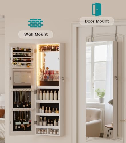 Image of Vlsrka LED Mirror Jewelry Cabinet, Over Door /Wall Mounted Jewelry Organizer