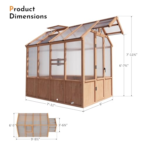 Image of Modern Shade EverBloom 6.5'x8' Wooden Greenhouse, 8' Extra-Tall Cedar Wood Greenhouse with Built-in Outdoor Faucet Kit, Heavy Duty Greenhouse with Built-in Shelving, Power Strip & Ventilation System
