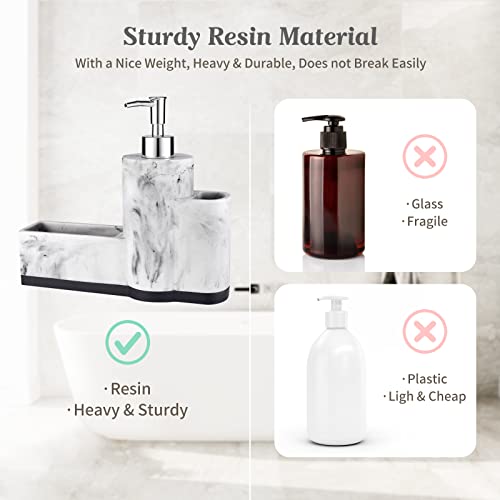 ZCCZ Soap Dispenser with Sponge Holder and Brush Holder, Wash Up Liquid Dispenser with Tray, Countertop Sink Caddy Bathroom Organizer Sink Tidy, Marble Kitchen Accessory Dish Soap Dispenser Pump