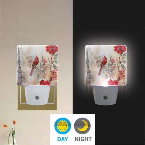 Image of Red Cardinal Bird Flower Night Lights 2 Pack Plug-in Wall Led Nightlight Auto Dusk-to-Dawn Sensor Lamps for Bedroom Kitchen Bathroom
