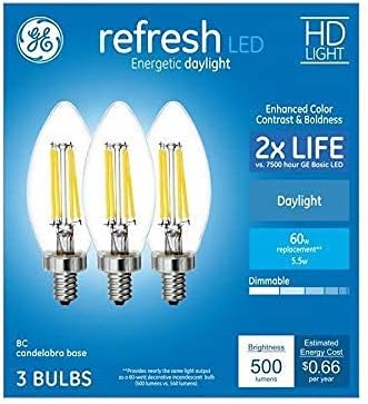 GE Refresh - Paquete de 3 bombillas LED B12 equivalentes a 60 W de luz diurna regulable