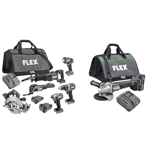FLEX 24V 6-Tool Combo Kit with Hammer Drill, Impact Driver, Circular Saw, Multi-Tool, Reciprocating Saw, Work Light plus 5" Angle Grinder with 2 Batteries, Charger