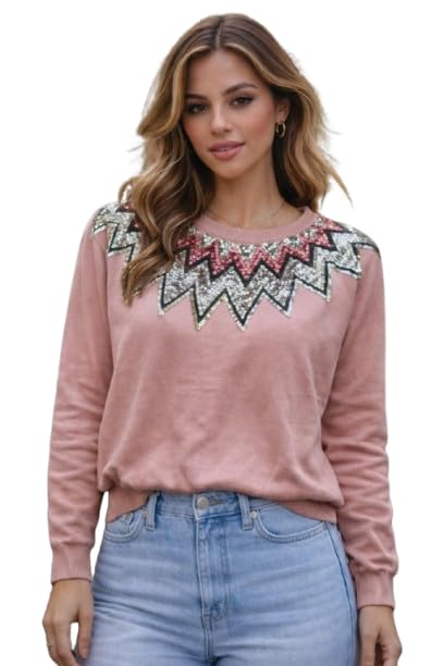 Women's Festive Sweatshirt with Sequined Neckline Design, Winter Top, Long Sleeve Casual Pullover-image-36