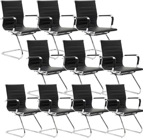Image of HNY Leather Office Guest Chairs & Reception Chairs Set of 10, Modern Waiting Room Chairs with Arms, Desk Chair no Wheels with Sled Base for Waiting Room /Conference Room, Black