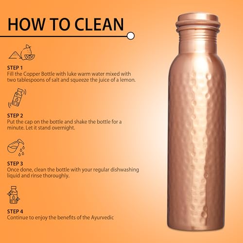 MERCAPE Pure Copper Water Bottle - 1000 ML, Hammered Shine Finish, Ideal for Drinkware & Storage, Pack of 1 (Hammered Design 2)