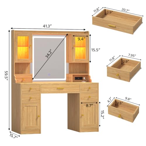 Image of CSZZD Makeup Vanity Desk with Mirror and Lights, Large Vanity Table Set with Charging Station, Dressing Table with RGB Cabinets & 6 Drawers, Wood Vanity Mirror with Light Desk with Storage Shelves
