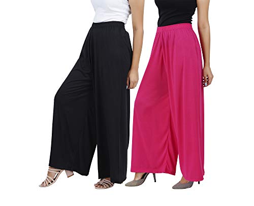 Image of Buy That Trendz M to 4XL Cotton Viscose Loose Fit Flared Wide Leg Palazzo Cotton for Pants Women Black Rani Pink Combo Pack of 2 Large