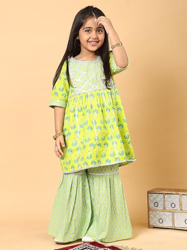 Image of superminis Baby Girl's Cotton Sanganeri /Floral Printed Frock Style Kurti With Printed Sharara Dress Clothing Set