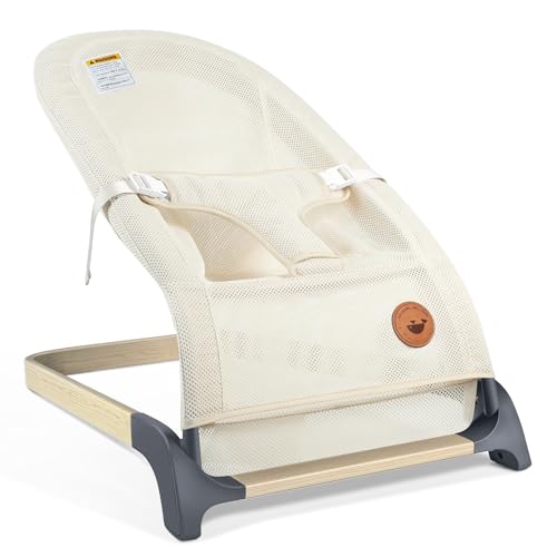 Image of ANGELBLISS Baby Bouncer, Portable Bouncer Seat for Babies, Infants Bouncy Seat with Mesh Fabric, Natural Vibrations (Beige)