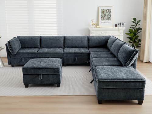 Image of ORRD Oversize Corner Modular Sectional Sofa Set, Convertible L Shaped Couch with Storage, 8 Seater Sofa Modular with Ottomans and Reversible Chaise for Living Room, Office (Blue Grey)