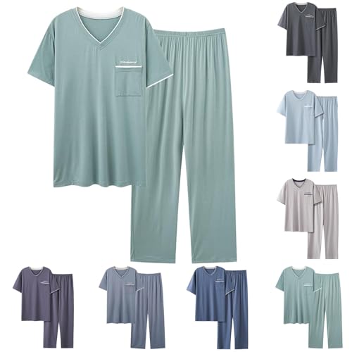 Cambkatl V Neck Pajamas Set for Men Ultra-Soft Modal Short Sleeve Sleepwear Matching Summer 2Pcs Loungewear Pjs Sets2