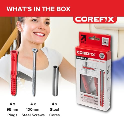 Corefix 100mm Heavy Duty Dot & Dab Wall Fixings - Plasterboard Over Blockwork Wall Plugs & Screws - for TVs, Radiators, Shelving & More - Holds 100kg on 4 fixtures - Reinforced Steel Core - 4 Pack