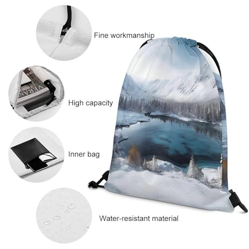 Drawstring Backpack Sport Gym Winter Mountains Snow Scene Sackpack Bag With Side Pocket Resistant Sackpack for Women Men4