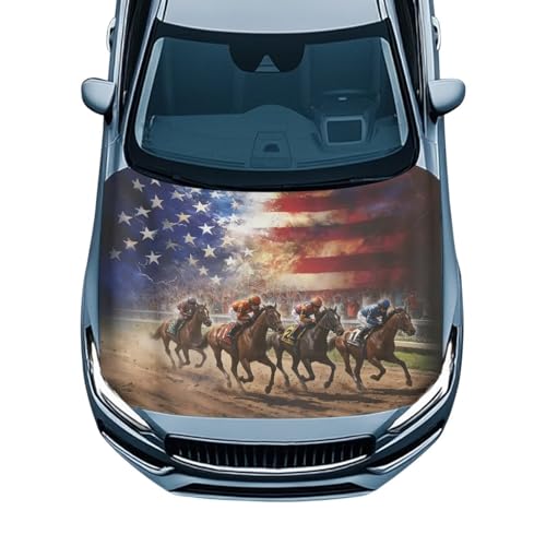 Image of 59x39 Inch Hood Cover for Compact Cars SUV Sedans Trucks, Waterproof American Flag Horse Stretchable Car Hood Wraps Auto Banner Auto Dcorative Accessories