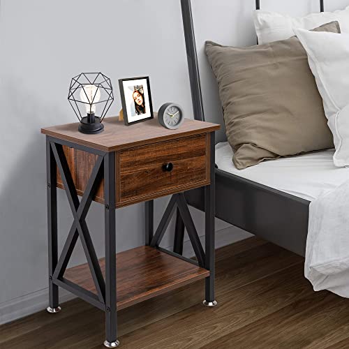 Good & Gracious Multi-Function Nightstands, Small Narrow End Table With Drawer, X-Shape Frame Side Table With Shelf For Living Room, Bedroom, Bed Side, Rustic Brown #TOP2