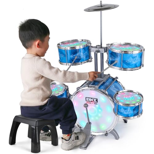 Kids Drum Set for Toddlers with 5 Jazz Drum Kit & Lights (Vibrating-Controlled) & Alloy, Musical Instruments Toys, Boys Gifts for Aged 1-3 3-5