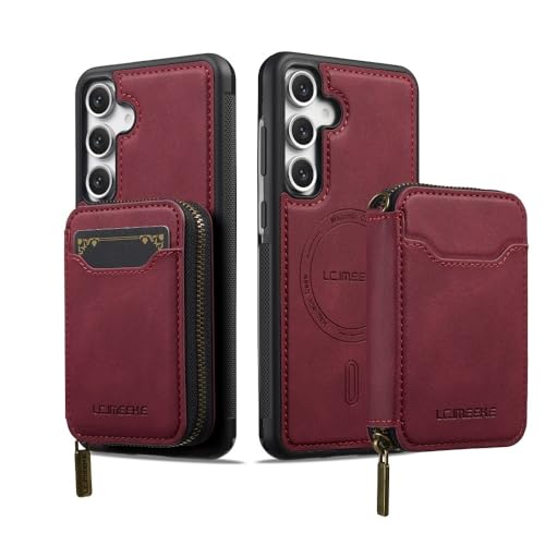 Étui portefeuille en cuir magnétique pour Samsung Galaxy S23 avec fermeture éclair rouge
