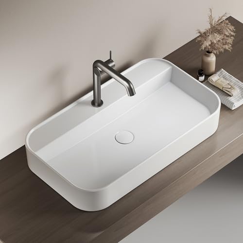 EMKE Lavabo Rettangolare da Appoggio - WC Ospiti - 70 x 40 cm, Ceramica Bianca