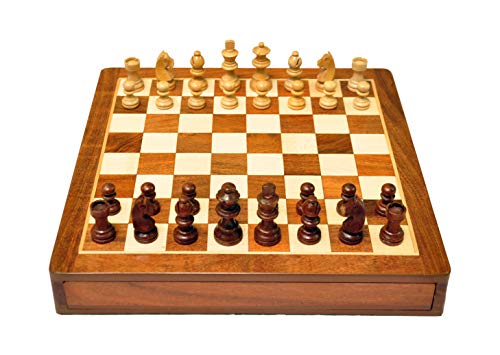 Image of PALM ROYAL HANDICRAFTS 10 Inches Handmade Drawer Wooden Chess Board Set Magnetic Made With Indian Rosewood | Inbuilt Storage Compatment For Chessmen - (10 X 10 Inches) Brown., For Kid