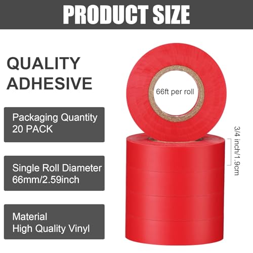 Image of Treela Red 66 ft 20 Rolls Electrical Tape 3 /4 Inch Waterproof Vinyl Electrical Insulating Tape Indoor Outdoor High Temperature Resistance Accessory for Wire and Cable