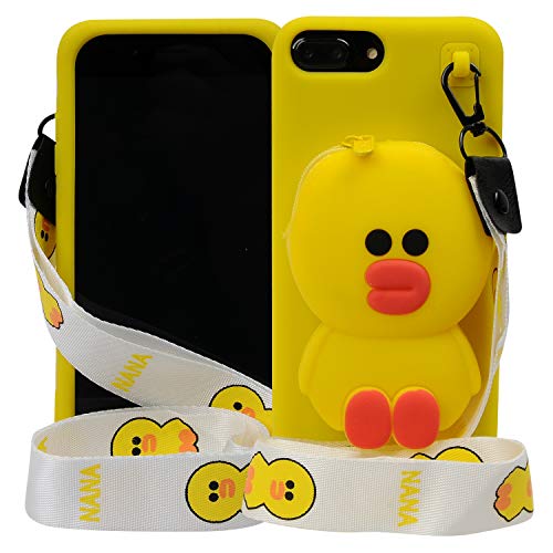 Phenix Color Cartoon Case for iPhone 7/8 Plus 5.5", 3D Cute Soft Silicone Animated Protective Gel Back Cover with Pocket and Detachable Necklace (B.Duck, iPhone 7/8 Plus 5.5")