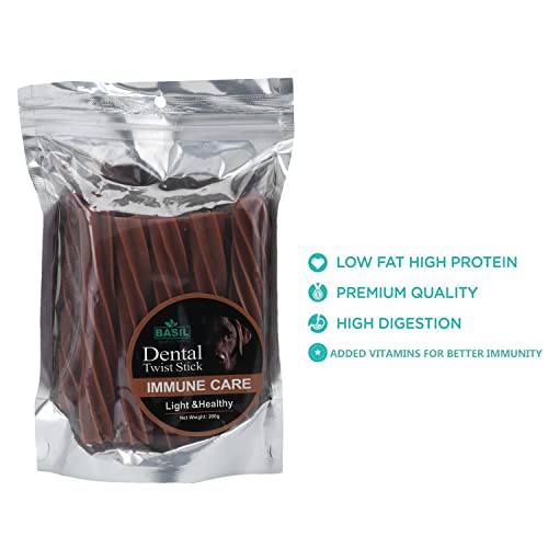 Image of Basil Immune Care Twisted Chew Sticks Pets Treats and Chews, Light and Healthy for Dogs (200gms in a Packet) Dental Cavities and Cleans - Pack of 1
