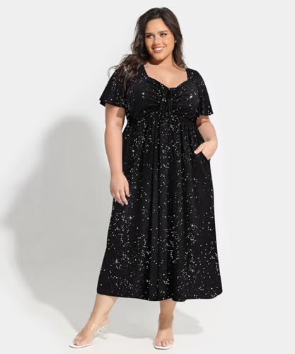 Image of CARCOS Plus Size Dresses for Curvy Women Tie Sweetheart Neck Summer Maxi Dress Short Sleeve Empire Waist Floral Boho Dress