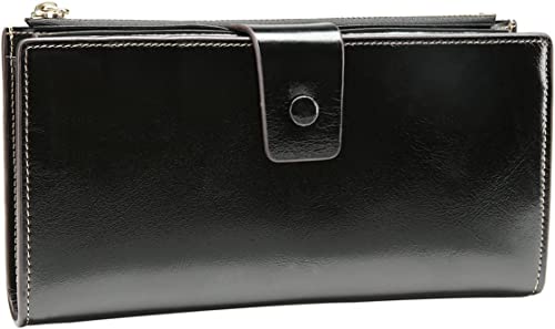 Image of Itslife Womens RFID Blocking Large Capacity Luxury Wax Genuine Leather Wallet Clutch Ladies Card Holder, Black