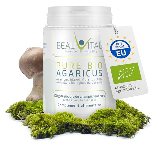 Pure Bio Agaricus blazei 100g ABM poudre de champignon médicinale de l'agriculture biologique de l'UE, végétalienne, sans additifs artificiels