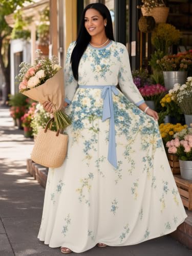 Image of Plus Size Maxi Dress for Women V Neck 3 /4 Sleeve Wrap Dress