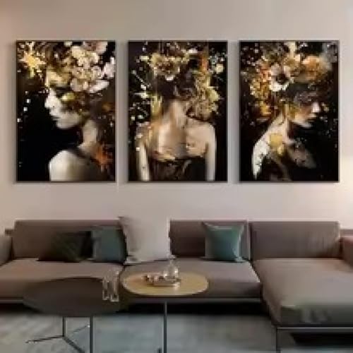 Toile abstraite noir et or portrait de femme affiche florale moderne 20x35cm