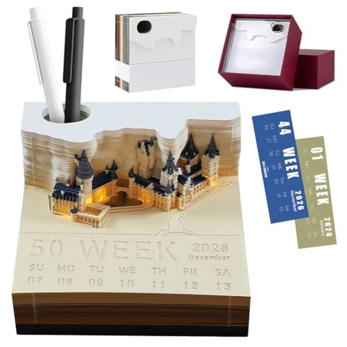 VOHESEA 3D Kalender 2026 Zubehör - Magic Castle 2026 - Abreißblöcke & Haftnotizen - Desktop-Ornament & Papierskulptur - LED Wochenkalender - Geschenkidee