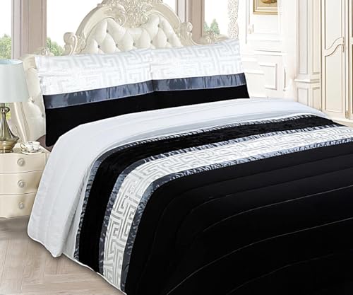 HaraDeco Colcha Jacquard Blanco Negro Cosido - Colcha de Verano Decorativa con Fundas de Almohada 40x60 cm - Cubrecama para Todas Las Estaciones - Hogar y Hostelería- Cama Matrimonio 150/160cm