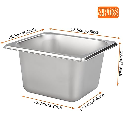 YAYODS 4PCS Stainless Steel Gastronorm Pan 1/6 with Lid, Quarter Stainless Steel Food Containers Pot Pan, 100mm Deep, Silver