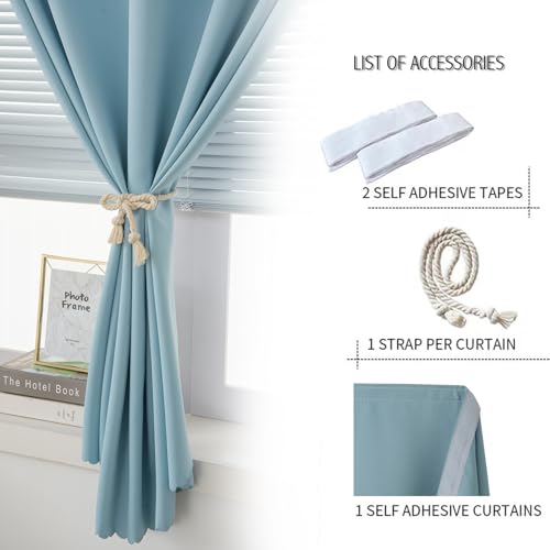 Self Adhesive Curtains, Black Out Shade for Window, Blackout Fabric Temporary Window Coverings Easy to Hang Curtains No Rod Needed, Use for Bedroom, Room, Kitchen, 35"W X 71"L, Lake Blue, 1 Panel