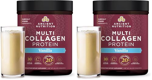 Image of Ancient Nutrition Collagen Peptides Powder, Multi Collagen Protein, Women & Men, Vitamin C, Probiotics, Hydrolyzed Collagen, Supports Skin, Joints, Gut Health, Vanilla, 60 Servings (Pack of 2)