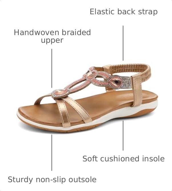 Image of UBFEN Flat Sandals For Women Dressy Arch Support Comfortable Casual Sandal With 2026 Rhinestone Braid Elastic Strap Summer Vacation