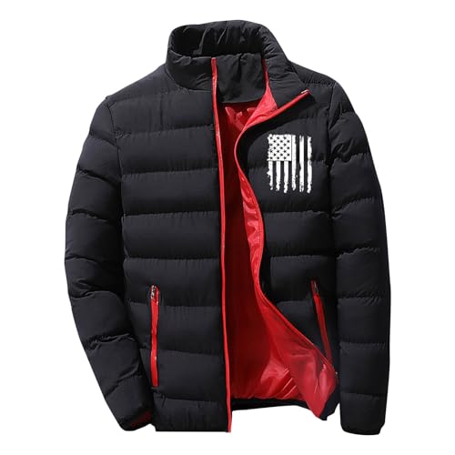 Puffer Jacket Men Packable Lightweight Down Coat USA Flag Winter Jacket Zip up Quilted Jacket with Zipper Pockets