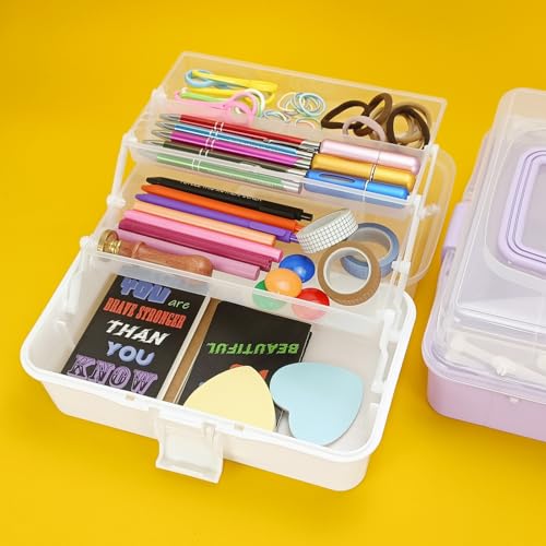 Image of Tackle Box Organizers and Storage,9.8inch Craft Organizers and Storage,Three-Layer Sewing Box With 2 Trays,Medicine Storage Box With Handle For Nail、Makeup、Diamond Painting、Building Blocks (White)