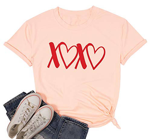 EGELEXY XOXO T Shirt Women Valentines Day Funny Letter Print Gift Top Tee Casual Short Sleeve Vacation Shirts Top Pink