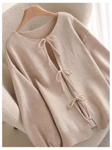 MakeMeChic Women's Plus Size Bow Tie Front Cardigan Sweater Long Sleeve Drop Shoulder Outerwear4