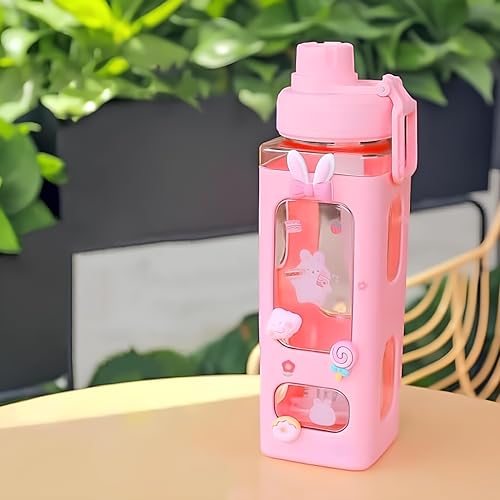 Image of Kawaii Water Bottle with Straw and Sticker, Kawaii Bear Water Bottle, Large Sport Plastic Portable Square Drinking Bottle for Girl, Cute Juice Tea Water Cups, 700 ML (Pink)