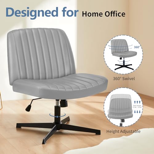 Image of DUMOS Criss Cross Chair No Wheels, Wide Seat Cross Legged Office Desk Vanity Chair, Faux Leather Armless Height Adjustable Swivel Task Computer Chairs for Home, Study, Grey PU