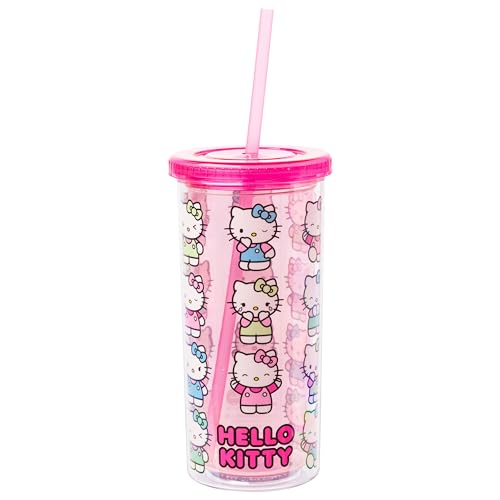 Image of Silver Buffalo Sanrio Hello Kitty Expressions Poses Plastic Cold Cup with Lid and Straw, 20 Ounces