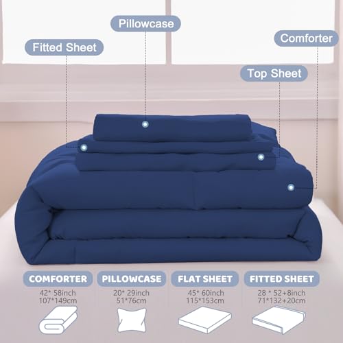 Image of Toddler Bedding Sets for Boys, 4 Piece Double Ruffles Soft and Breathable Toddler Comforter Set for Boys, Includes Quilted Comforter, Fitted Sheet, Flat Sheet and Pillowcase, Navy Blue